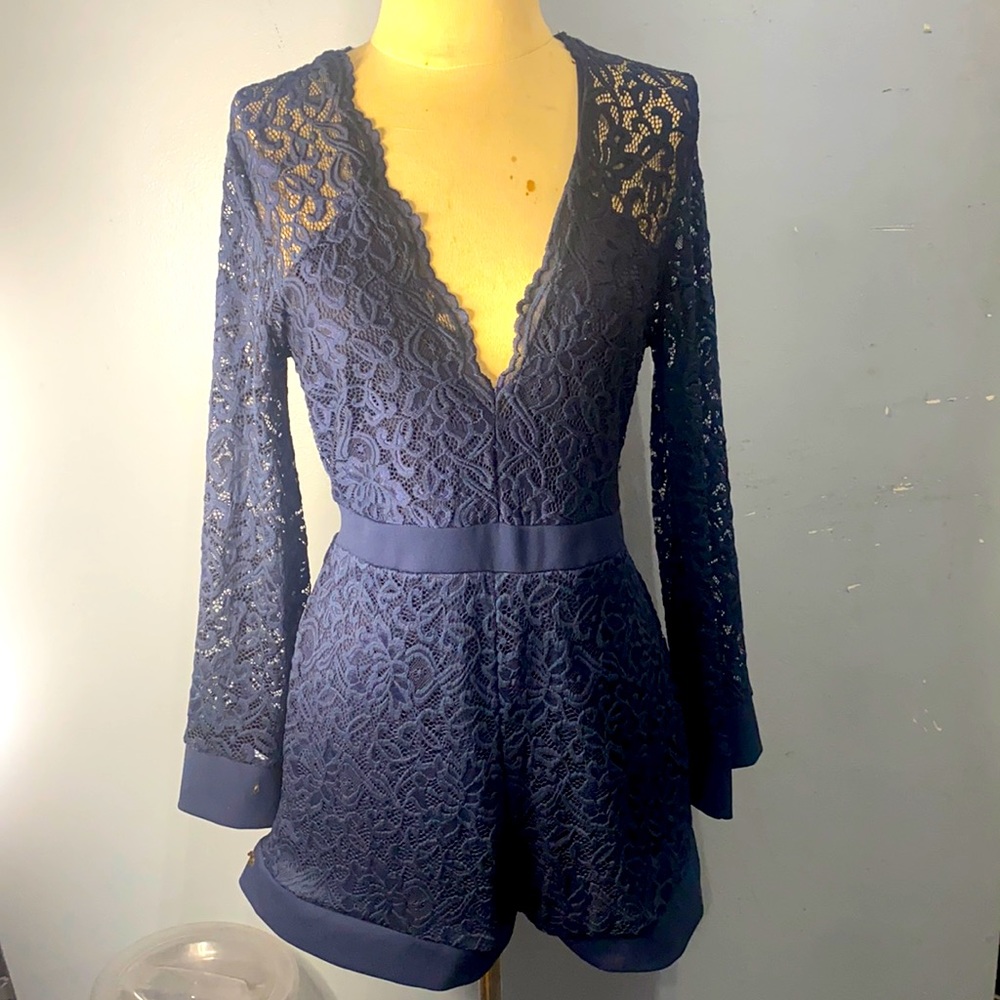 Navy long sleeve lace romper shorts